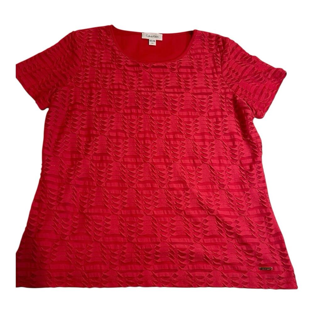 Calvin Klein Ribbed Ribbon Short Sleeve Lined Top Red Large
